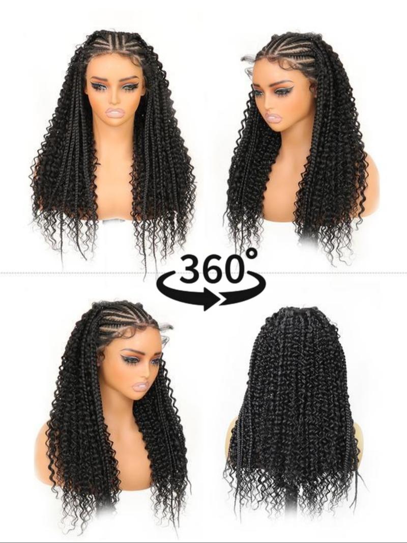 13x6 HD Lace Frontal Half-Braided Curly Wigs, Synthetic Braids Half-Cornrows Half-Curly Wig with Baby Hair, Pre-Styled Braid Wigs, 18 Inch