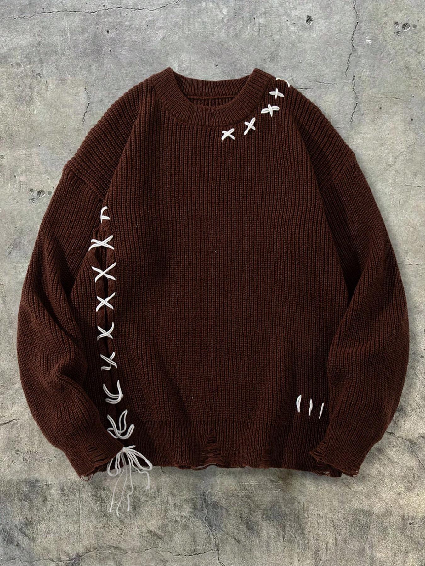 Men's Ripped Lace Up Drop Shoulder Sweater, Loose Street Fashion Long Sleeve Round Neck Jumper for Spring & Fall, Fashion Men's Knitwear for Daily Wear