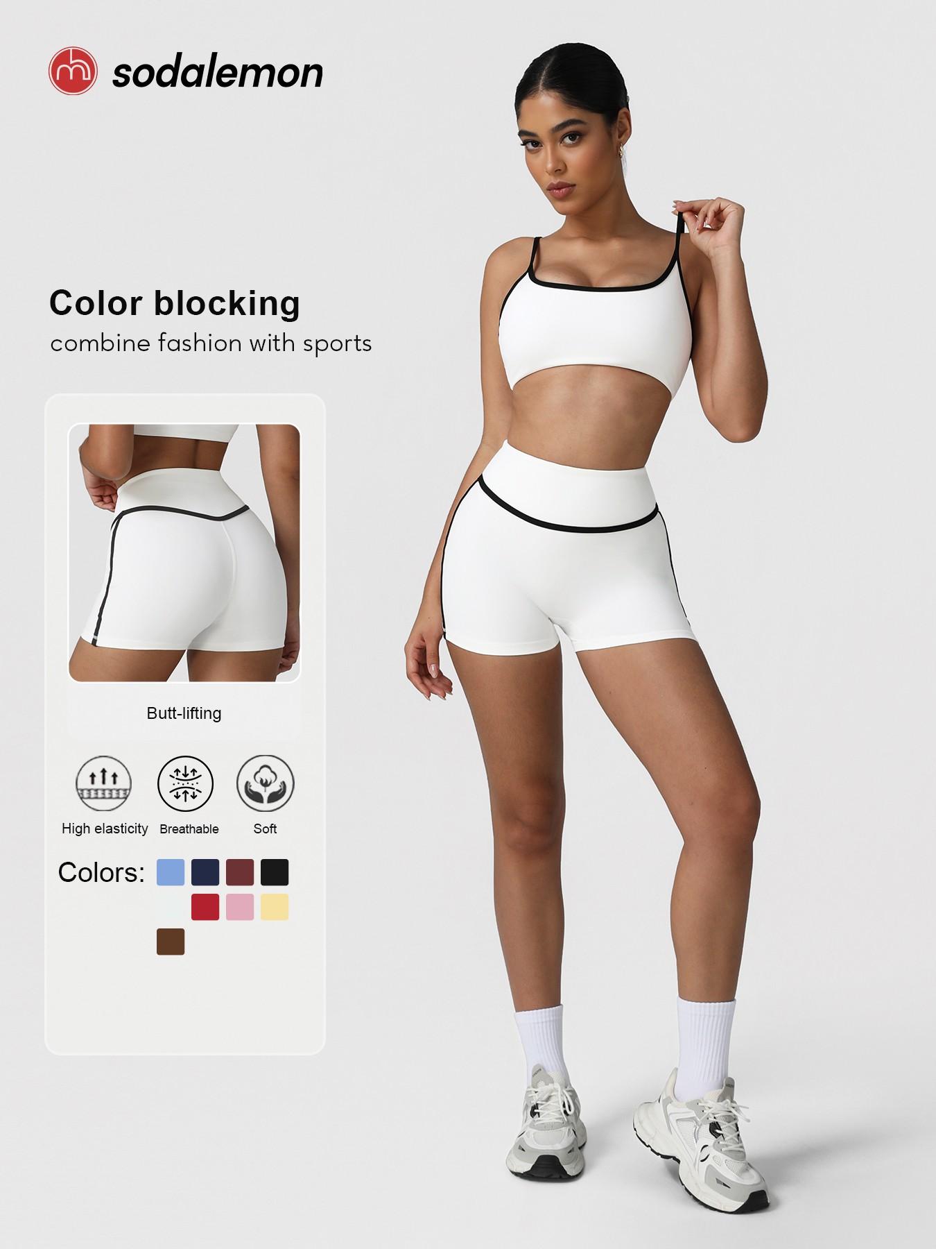 Sodalemon Two-Piece Set Women's Solid Crop Sports Bra & High Waist Skinny Shorts Tracksuit Set, Breathable Comfortable Sports Outfits for Yoga Gym Workout Running, Ladies Sportswear for All Seasons