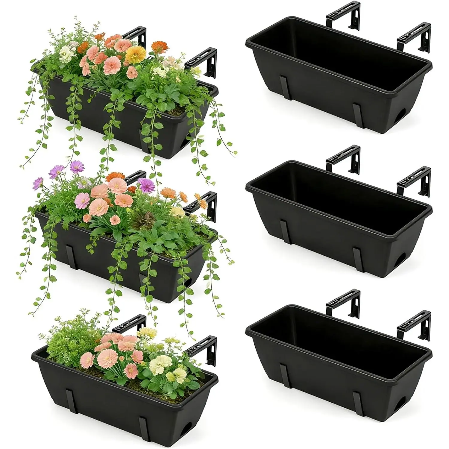 6 Pack Deck Railing Planter Boxes Black Window Boxes Planter Boxes with Adjustable Brackets, Outdoor Garden Fence Planters with Drainage Holes for Flowers, Herbs, Strawberry