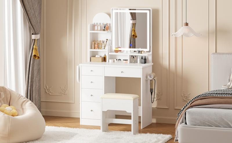 LIKIMIO Vanity Desk with Mirror & LED Light, Makeup Vanity Table with 5 Drawers, Power Outlet, and Vanity Stool, 3 Lighting Colors, Dressing Table for Bedroom LIKIMIO Vanity Desk with Mirror & LED Light, Makeup Vanity Table with 5 Drawers, Power Outlet, and Vanity Stool, 3 Lighting Colors, Dressing Table for Bedroom