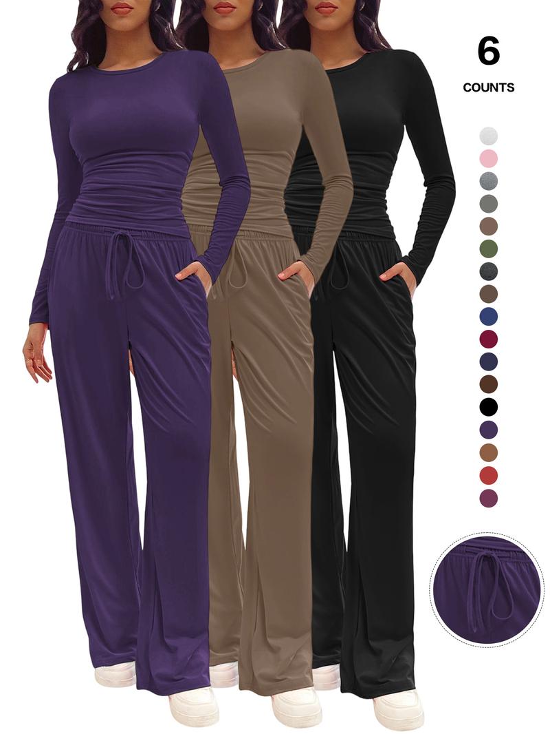 Women's Fitted Two-Piece Lounge Set, Ruched Tee & Drawstring Pocket Pants with Organic Fabric, Casual Daily Wear