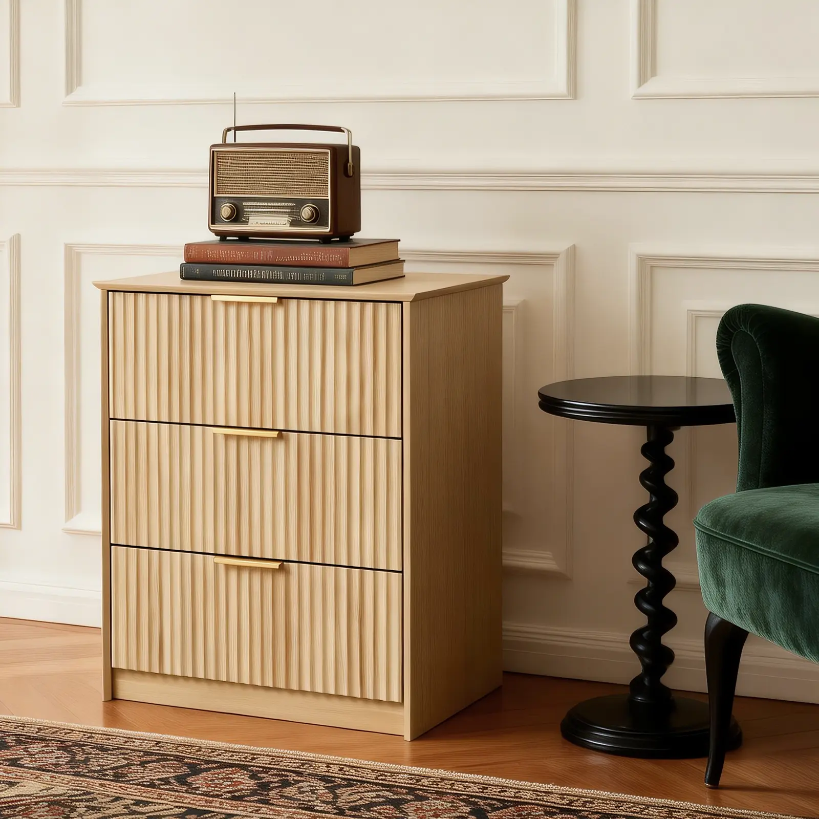 【IdealHouse】Modern Fluted Wooden Rectangular Nightstand - 3-Drawer Storage Cabinet with Charging Station, USB Ports, Power Outlets, Anti-Tip Base, Space-Saving Side Table for Bedroom, Living Room, 3 Drawers