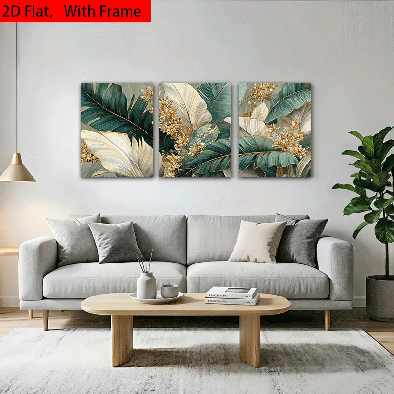 2D flat, two-dimensional three-piece tropical plant gold-embossed wall art - framed canvas print, modern green and gold palm painting, suitable for living room, bedroom, office - framed plant decoration for home decor, two-dimensional