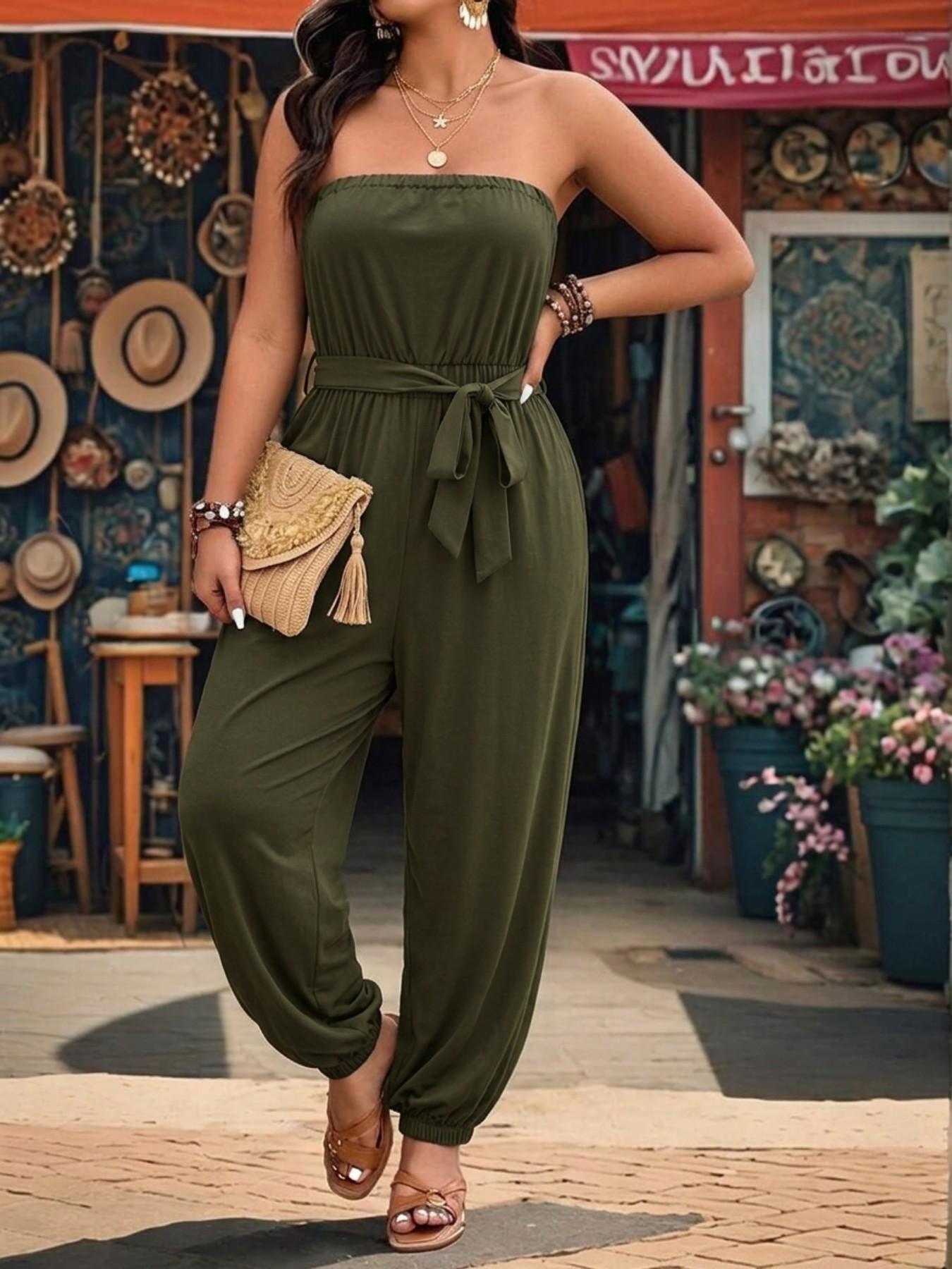 Plus Size Women's Strapless Waist Cinch Romper, Loose Sleeveless Female Jumpsuit, Comfortable Fit Design, Ideal for Daily Wear