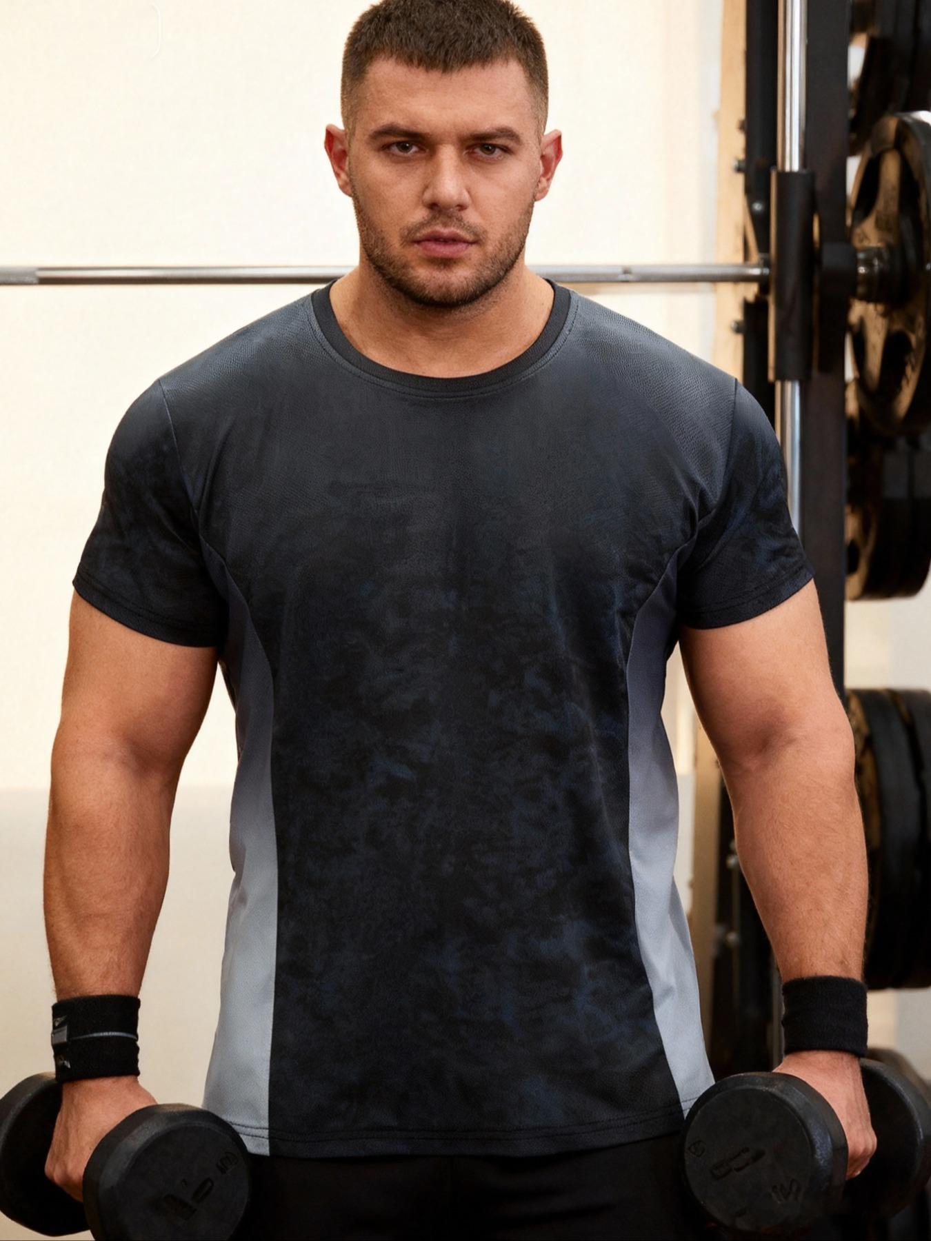 Men's Casual Gradient Patchwork Round Neck T-Shirt, Gym Tee, Breathable Comfort, Summer Gym Workout Quick Dry Short Sleeve, Daily Wear and Vacation