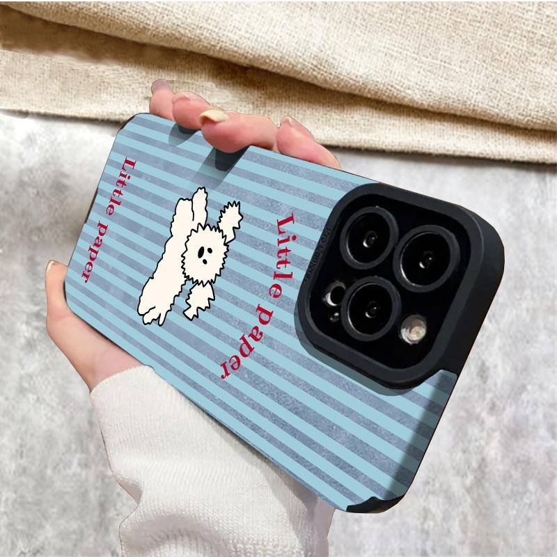 Cute Fluffy Dog Phone Case, Multiple Specifications Available, Light Blue & White Striped Design, Shock - Proof & Scratch - Resistant, For Mobile Phones, Fashionable & Protective, Ideal for Daily Use
