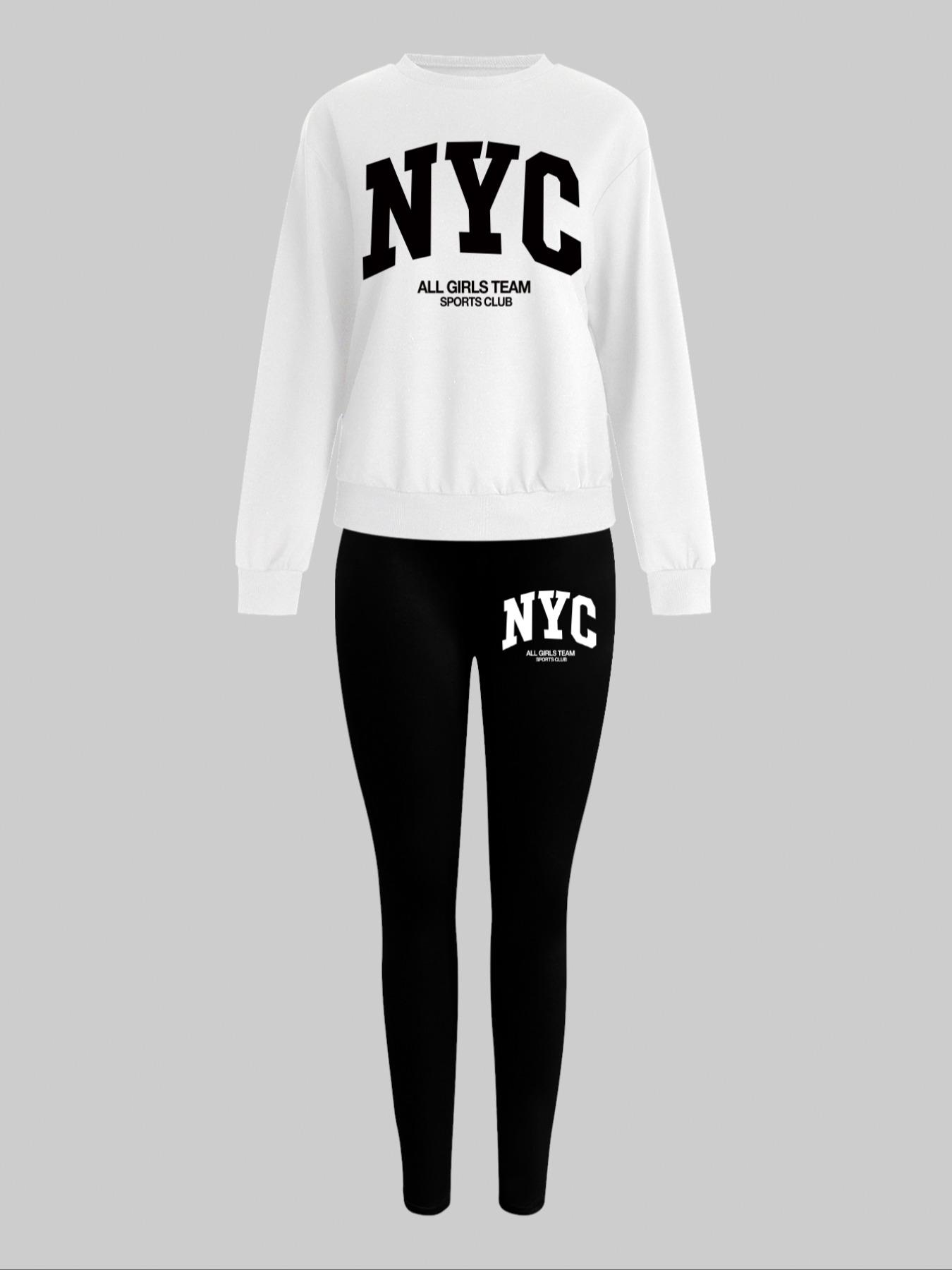 Women's Nyc Letter Print Sweatshirt Set, Track Pants Set, Round Neck Long Sleeve Top, Fitted Bottoms, Casual Fall & Winter, Holiday Sale