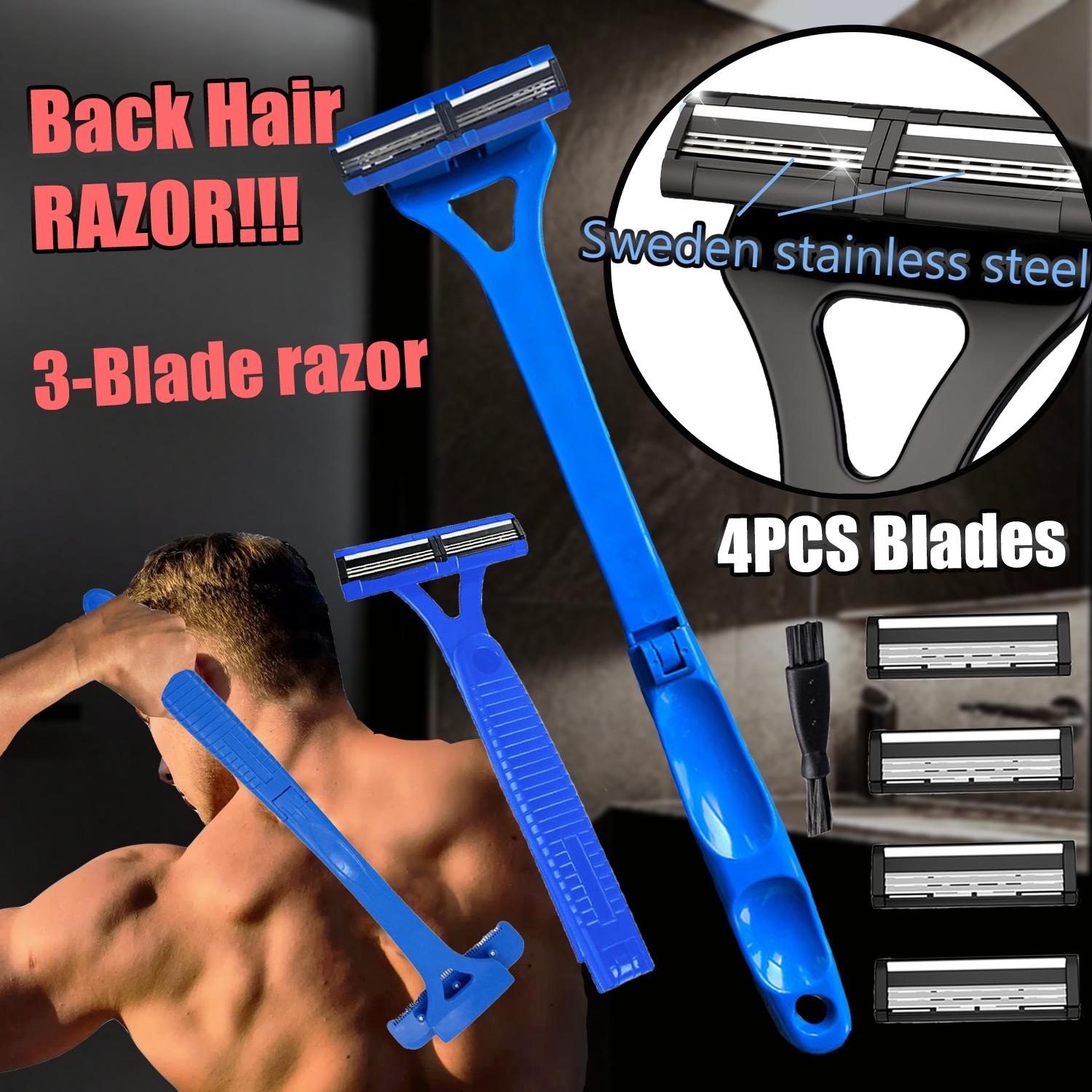 Back Hair Shaver with Foldable Long Ergonomic Handle, Replaceable Safety Blade & Portable Razor Groomer for Men, Wet & Dry Shaving, Safety Razors