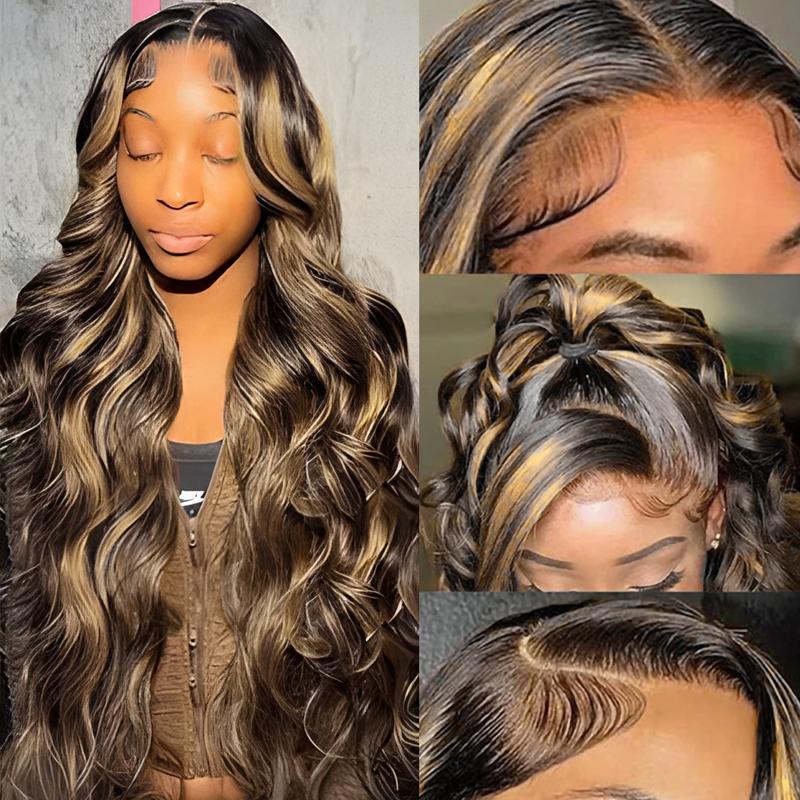 QUANDIAN 13x6 Balayage Highlight Lace Front Wig Human Hair 13x6 HD Lace Front Wigs Human Hair Body Wave Wig 200% Density FB/27 Ombre Wig Springtok