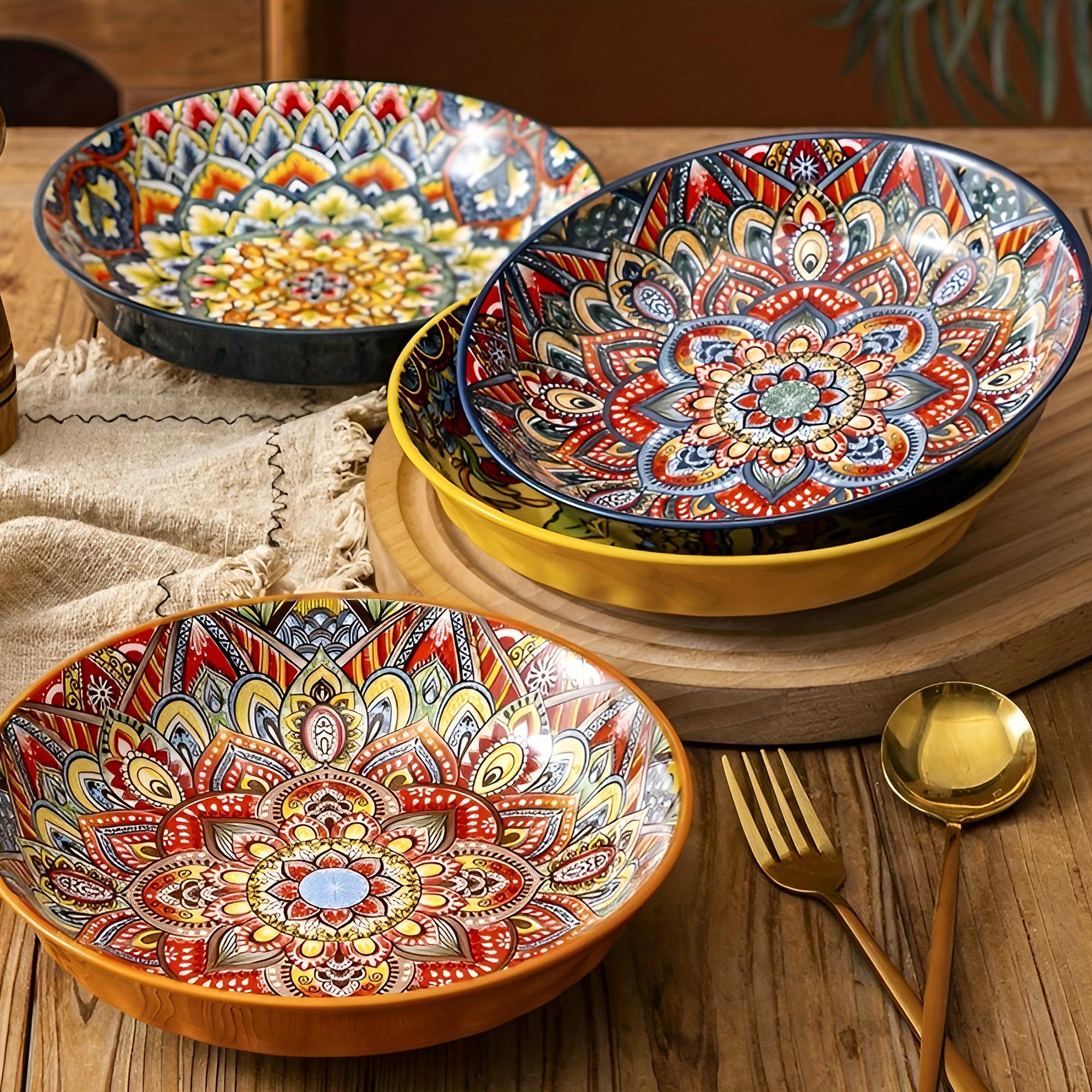 Bohemian Style Floral Pattern Ceramic Dinner Plate Set, 4 Counts/set Creative Dish Plate, Large Deep Plate for Home and Restaurant Use, Salad Serving Plates
