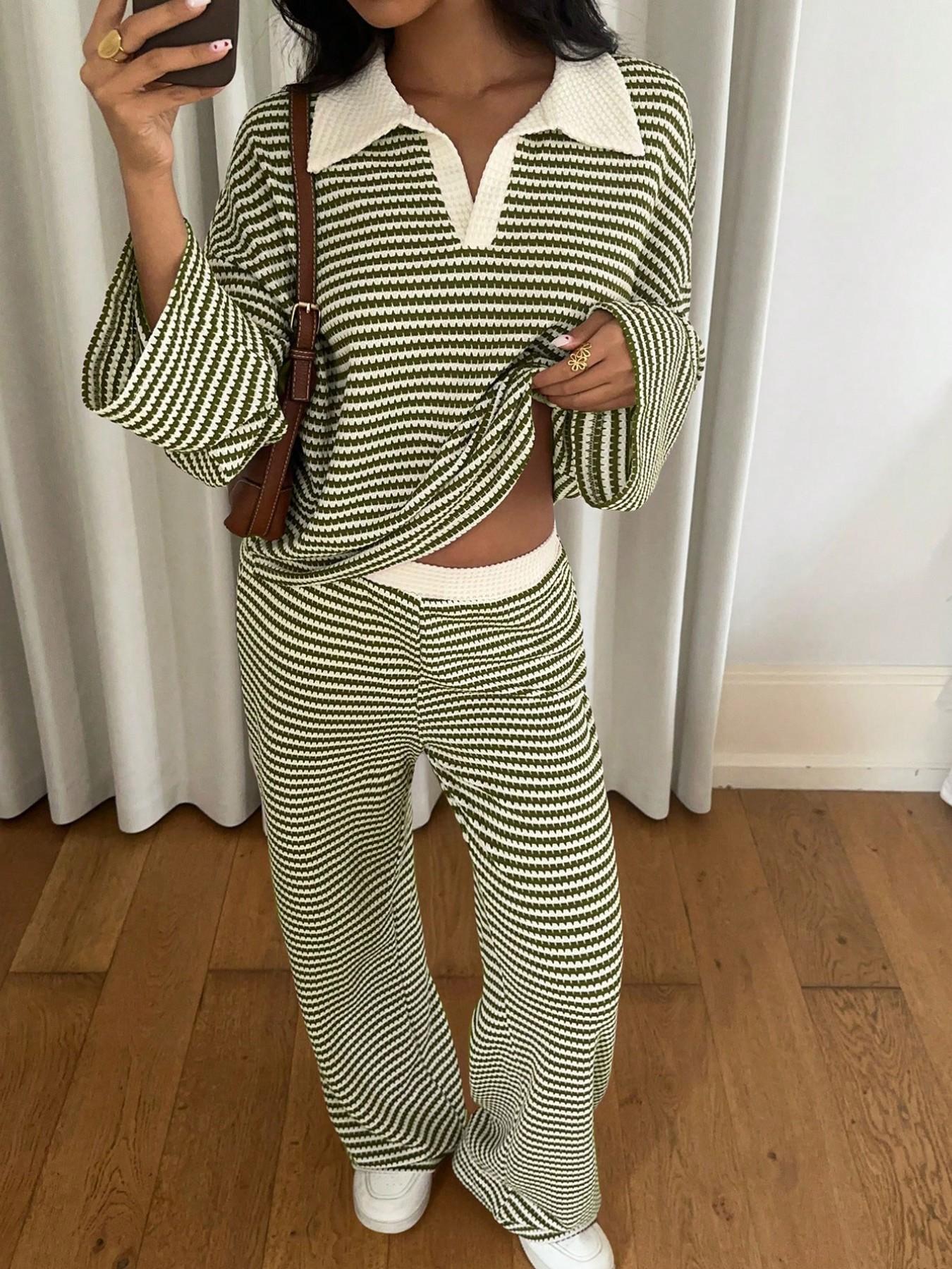 Korean Lazy Style Striped Two-Piece Set for Women, Turn-Down Collar V Neck Loose Bell Sleeve Top + High-Waisted Wide Leg Pants, Casual Home Wear Loungewear Set