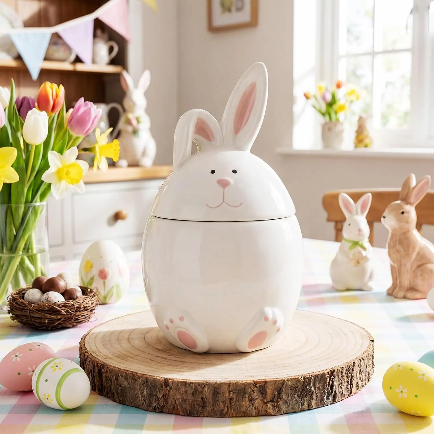 Easter Bunny Ceramic Cookie Jar Candy Dish with Lid, Decorative Food Storage Canister Ornament for Spring Easter Party Decoration