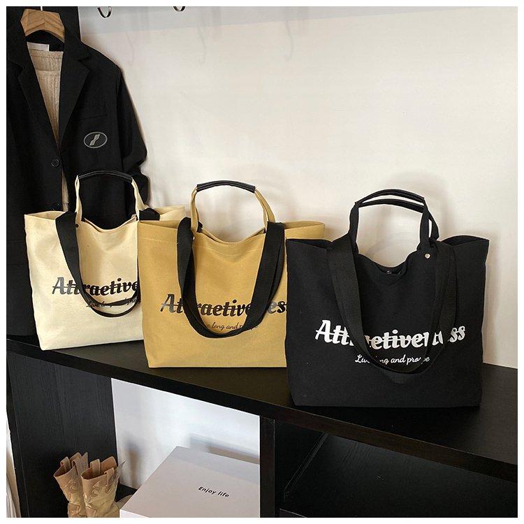 Casual Letter Print Canvas Tote Bag, Large Capacity Commute Shoulder Bag, Lazy Style Handbag, Student School Bag