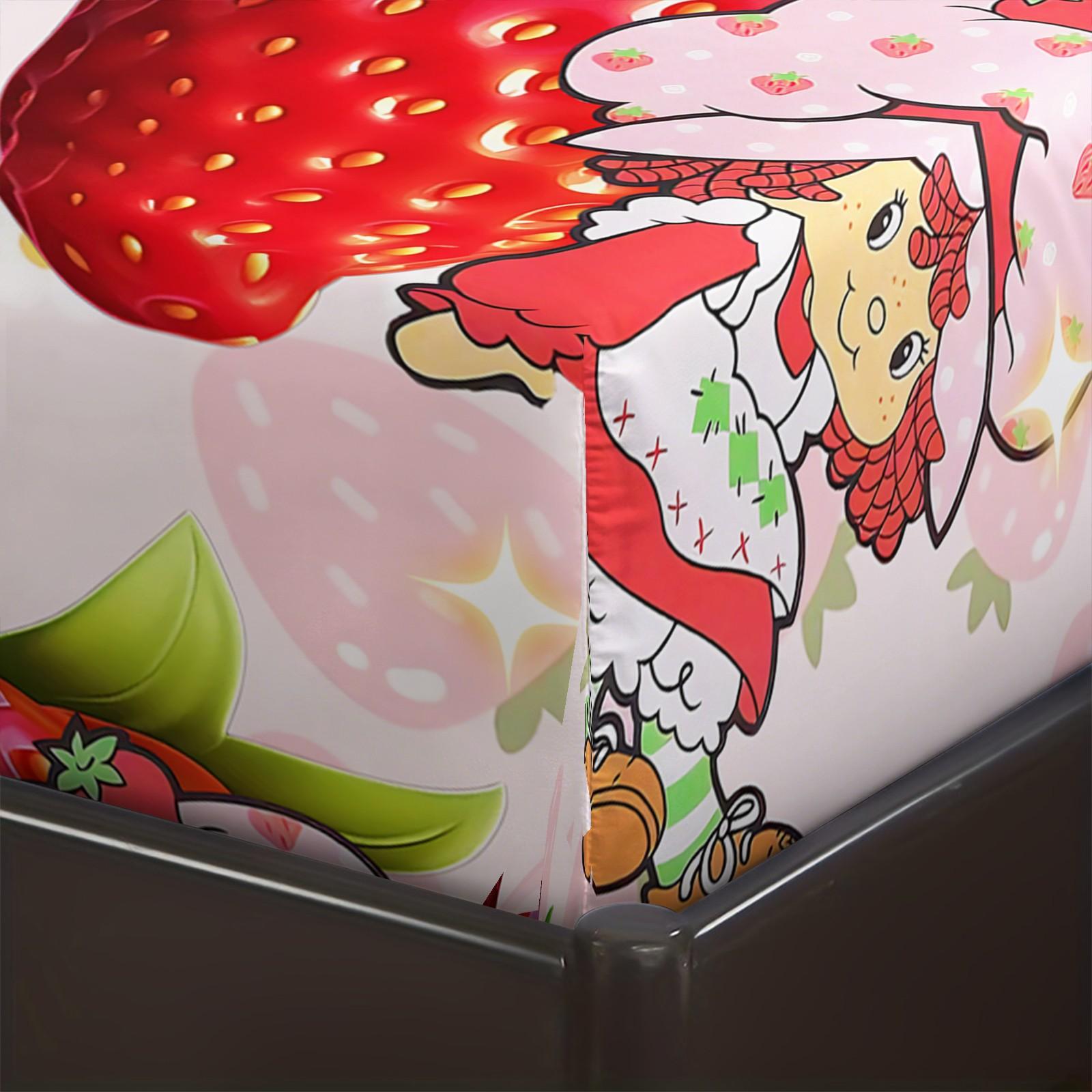 Strawberry Shortcake Purple Dot Fitted Sheet Set, 1 Fitted Sheet + 2 Pillowcases - 3 Pcs Soft Bedding with Deep Pocket, 360° Full Coverage, Wrinkle Free, Cute Strawberry Cartoon Bed Sheets for Girls, Full Size