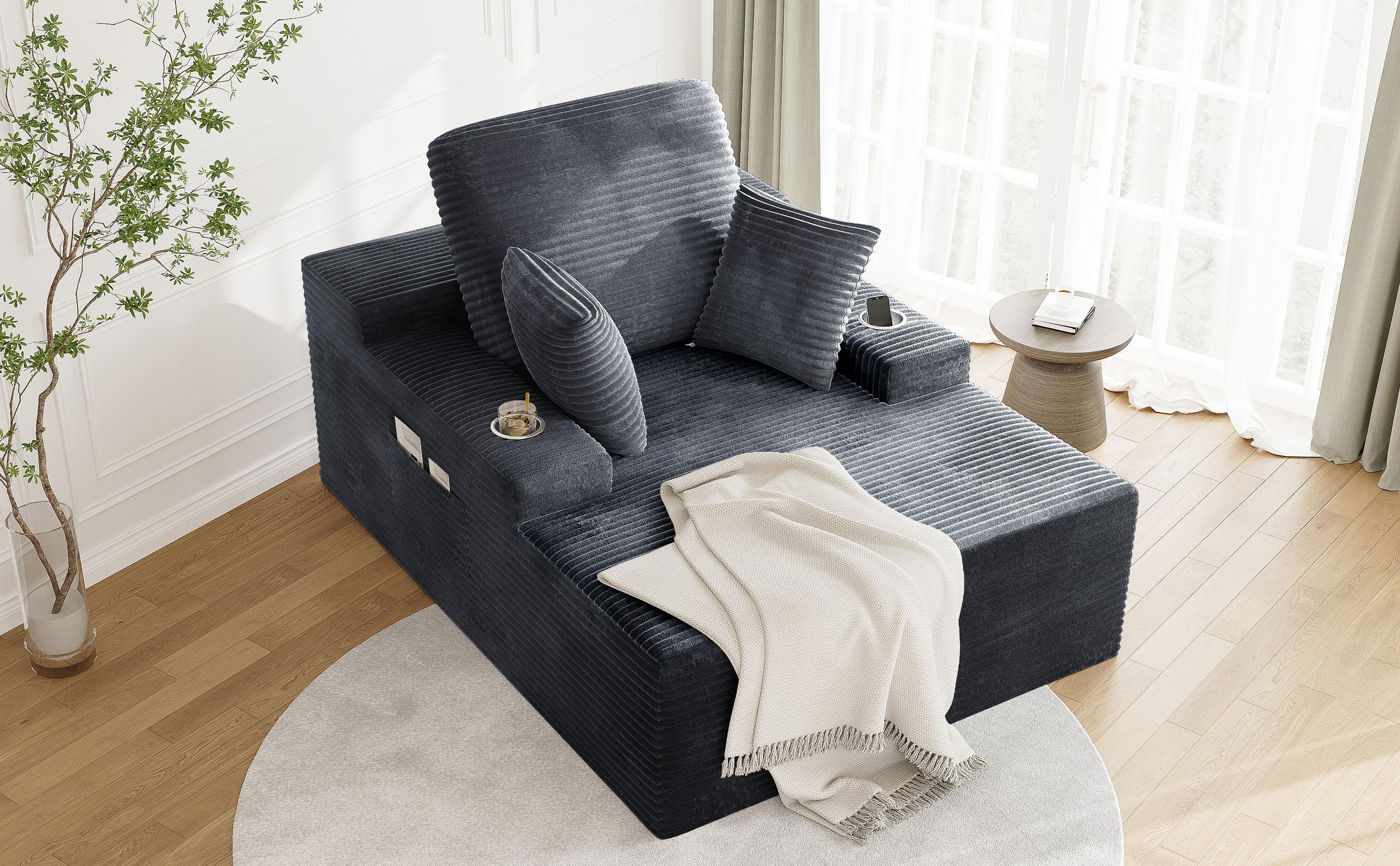 49" Oversized Chaise Lounge Sofa Bed with 2 Cup Holders & Storage Pocket - Plush Corduroy Upholstered, No Assembly Cloud Couch for Living Room, Bedroom, or Reading Nook