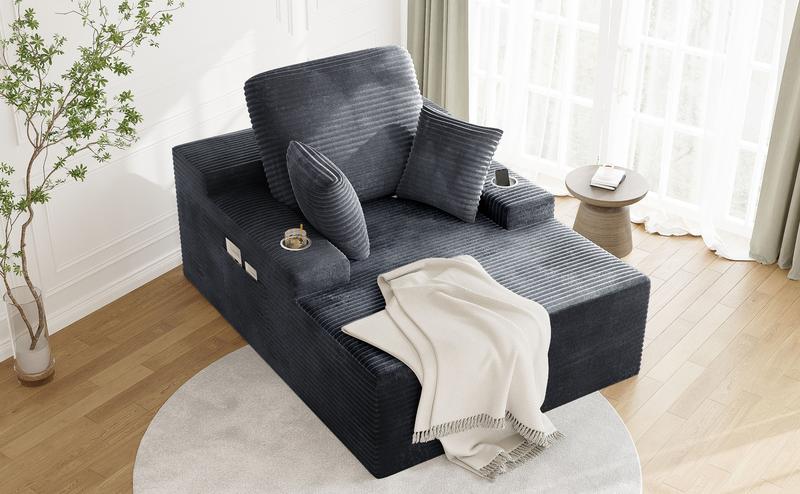 49" Oversized Chaise Lounge Sofa Bed with 2 Cup Holders & Storage Pocket - Plush Corduroy Upholstered, No Assembly Cloud Couch for Living Room, Bedroom, or Reading Nook