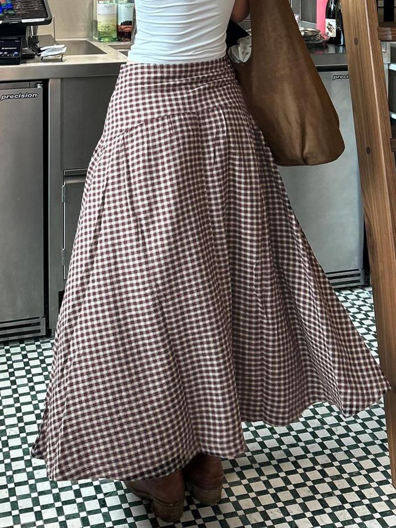 Vintage Academical Style Classic Gingham Loose High Waist A-Line Skirt for Women, Casual Midi Skirt, All Seasons, Loose-Fitting