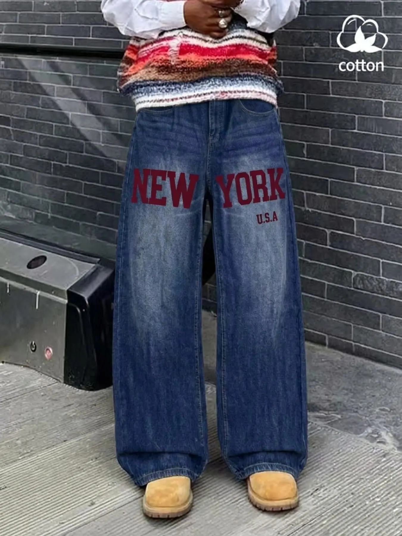 American Style Men's Letter Print Jeans, Cotton Vintage Washed High Waist Straight Leg, Streetwear Unisex Denim Jeans for All Seasons
