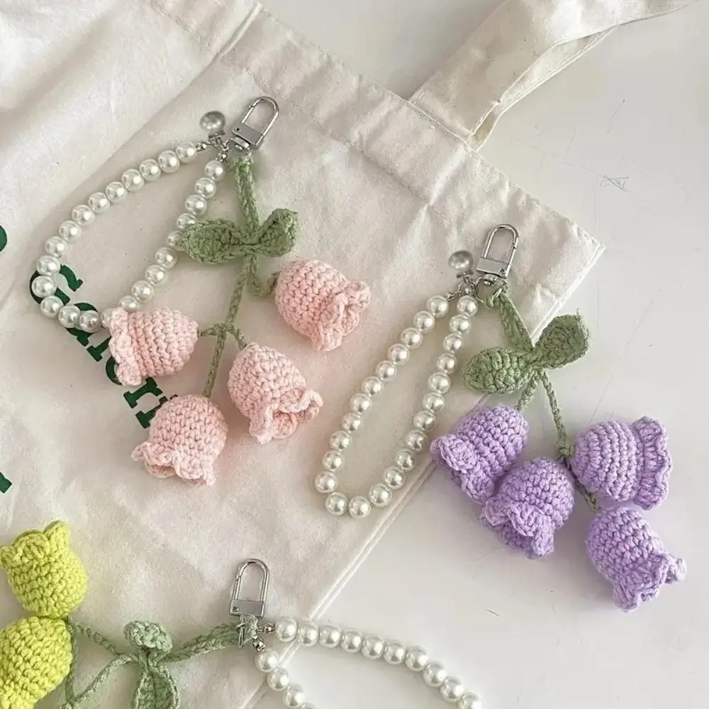 Pink Crochet Wrist Keychain with Pearl Beads - Cottagecore Lily of the Valley Bag Charm with Handmade Warmth, Floral Accents Charms & Twillies, Lily Shape, Keychain Attachment Charms & Twillies