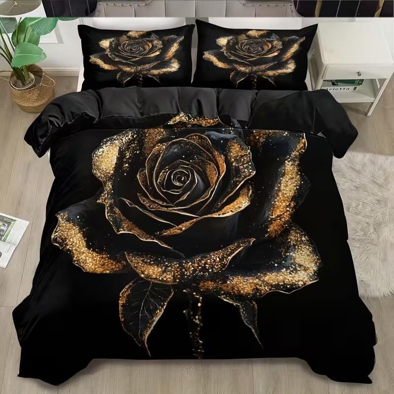 Gold Rose Print Bedding Set, 1 Duvet Cover + 2 Pillowcases, High-Definition Printing, Home & Dormitory Bed Linen