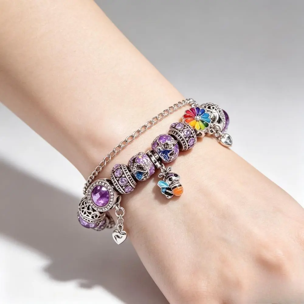 Trendy Mixed Theme Charm Bracelet Set for Women Girls, 6 Styles Adjustable DIY Beaded Bracelet with Glass Beads & Metal Pendants, Stackable Fashion Wrist Jewelry Gift for Birthday Daily Party Wear