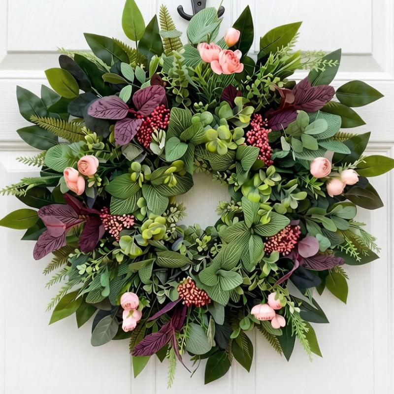 Summer Greenery Wreath with Berries and Fern Leaves, Handmade Farmhouse Door Wreath, Indoor Outdoor Wall Window Decor, All-Season Hanging Decoration