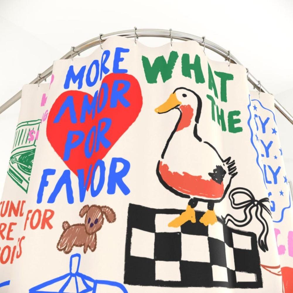 Hand Drawn Doodle Shower Curtain Brunch Shower Curtain Unique Bathroom Decor Housewarming Coffee Pastry Breakfast Goose Egg Strawberry Peach