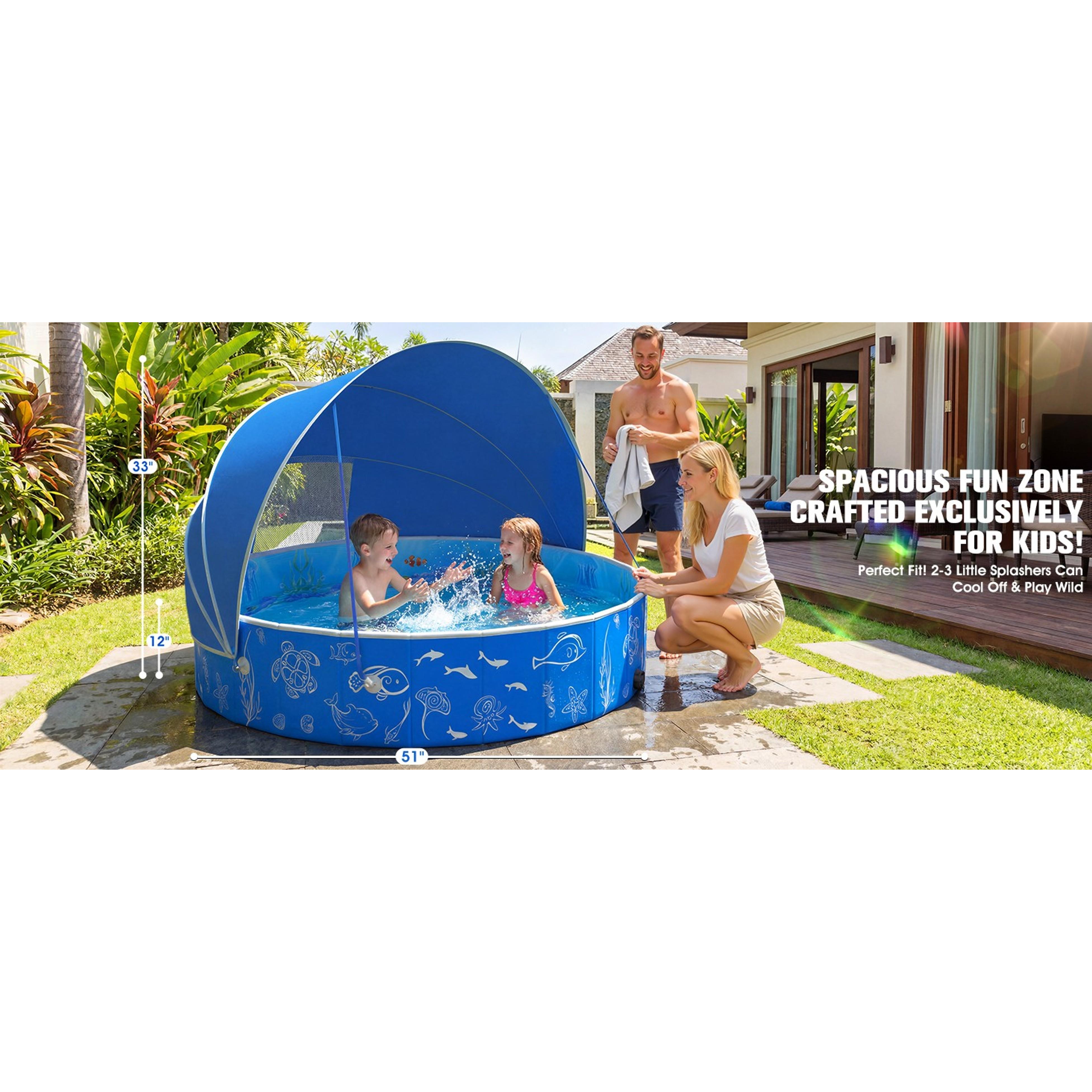 Kiddie Pool with Canopy, 51in Foldable Toddler Pool,Pop Up Baby Pool with Shade,UPF 50+UV Portable Swimming Pool for Kids,Collapsible Baby Pool for Beach, Outdoor Toddler Pool for BackyardGift.