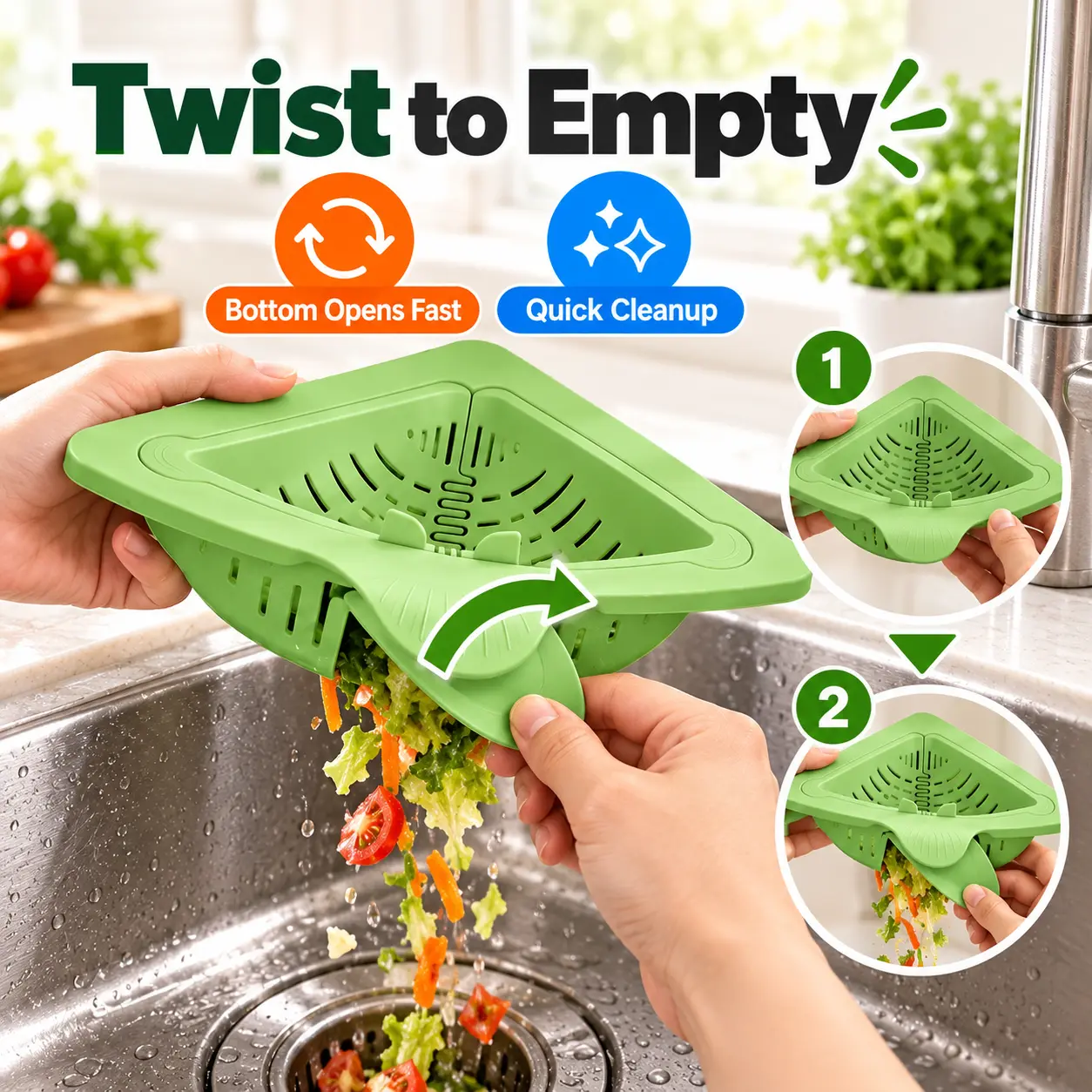 Magnetic Corner Sink Strainer Basket, Triangular Kitchen Drain Filter & Food Waste Catcher, Dense-Hole Anti-Clog Produce Rinsing Basket, Space-Saving Sink Organizer for Fruits, Vegetables & Food Scraps, 1 PC