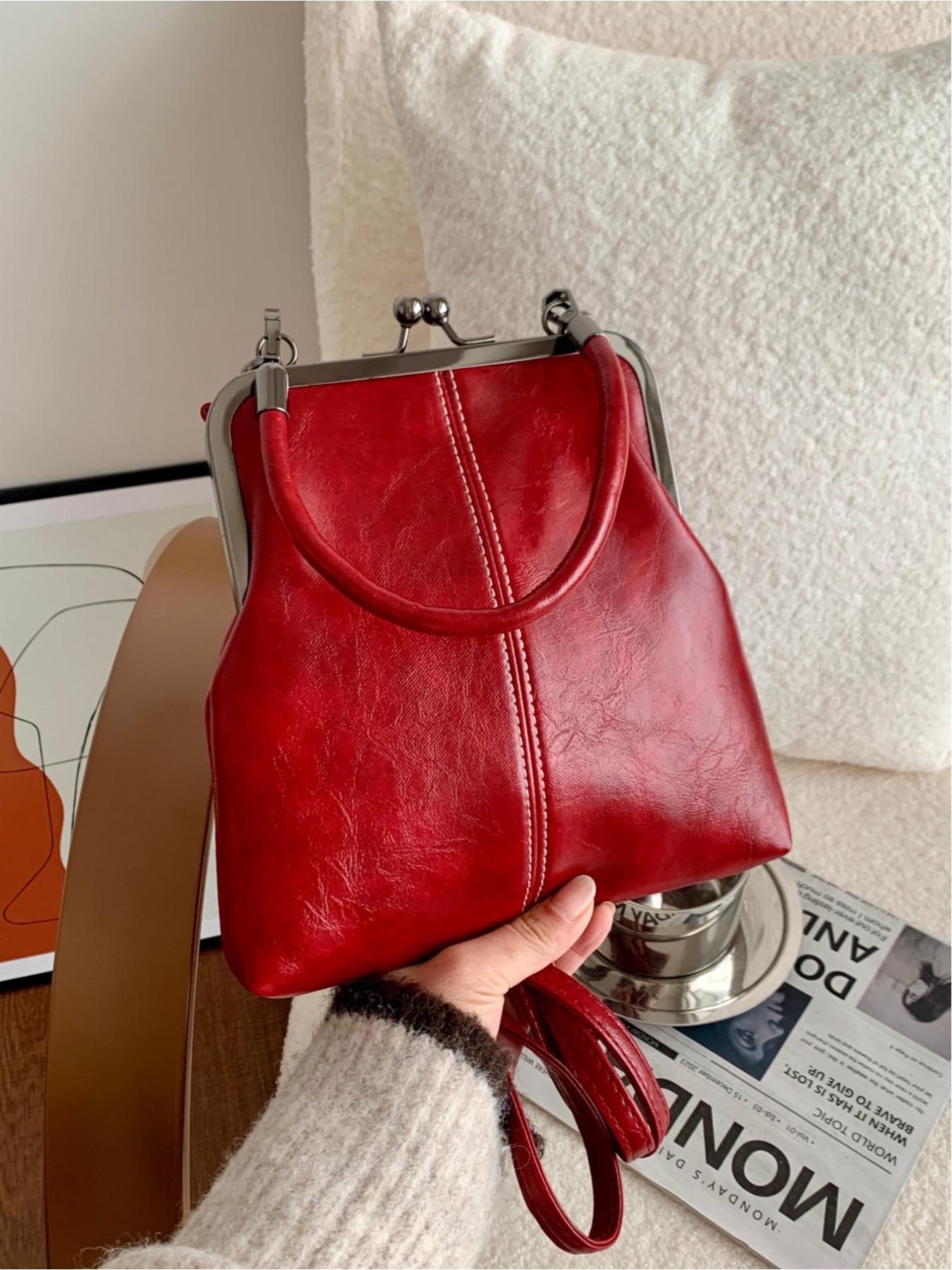European and American style retro clasp purse, high-end waxed leather crossbody bag, niche design, suitable for parties, dinners, shopping, commuting, and everyday accessories, Lightweight Crossbody Bag, Fashionable Unique Bags