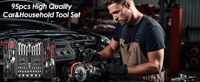 95-Piece Tool Set, Car Tool Kit, Mechanics Tool Set with Portable Toolbox, Including Adjustable Wrench, Pliers, and Socket Bits, with Plastic Storage Case, Ideal for Home, Apartment, or Garage Use,Father'sDayGift ,Heavy Duty Screwdriver Ratchet Metal