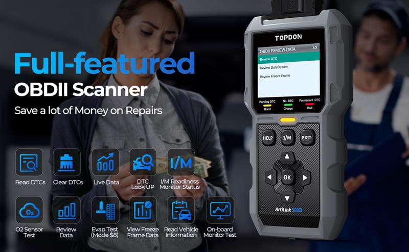 TOPDON AL500B OBD2 Scanner Battery Tester 2 in 1 Code Reader, Full OBDII Diagnosis, 12V Battery Tests & 12V/24V Cranking Tests, Charging Tests, Scan Tool, Car Diagnostic Tool for All OBDII Cars