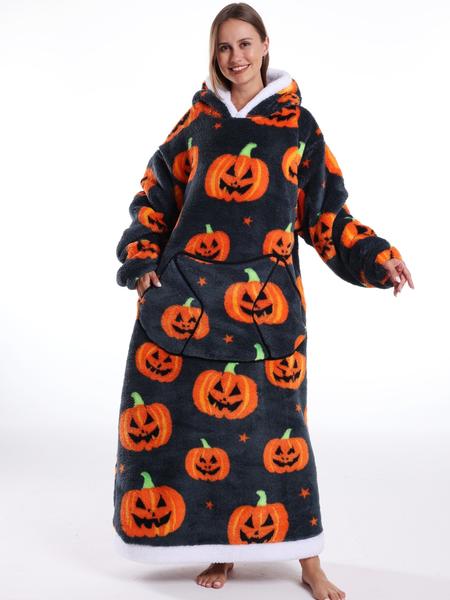 Women's Skull Print Bathrobe, Thick Casual Loungewear with Pockets, Halloween Theme, Fall & Winter, Loose-Fit TV Blanket, Flannel Cozy Blanket