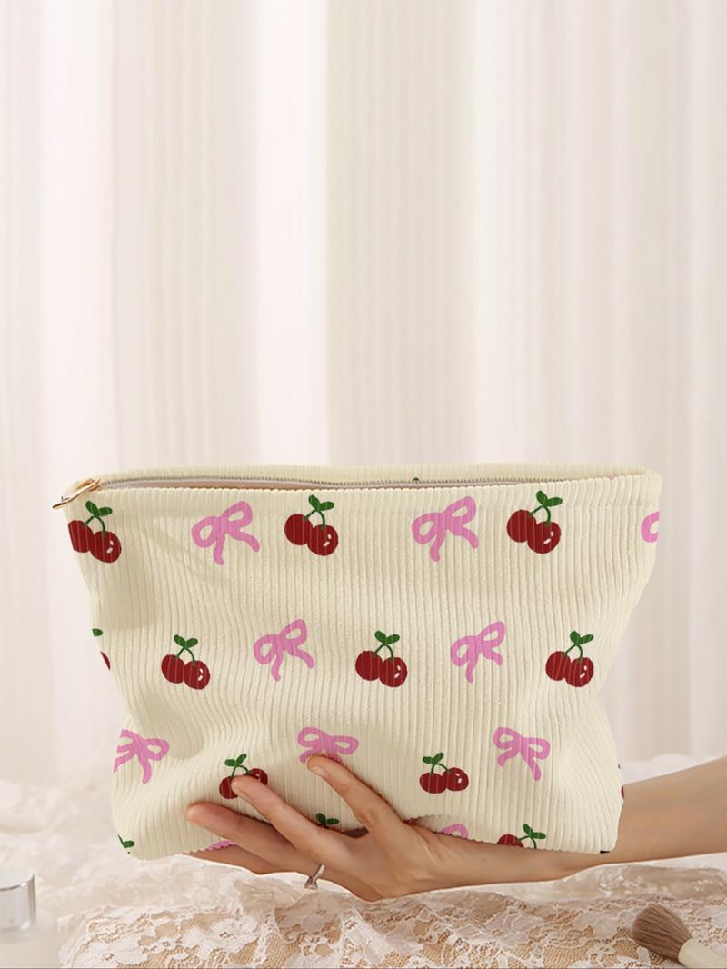 Cherry & Bow Pattern Makeup Bag, Lightweight Multi-functional Fashion Makeup Bag, Casual Travel Makeup Bag, Cute Clutch, Suitable for Leisure Travel and Various Occasions