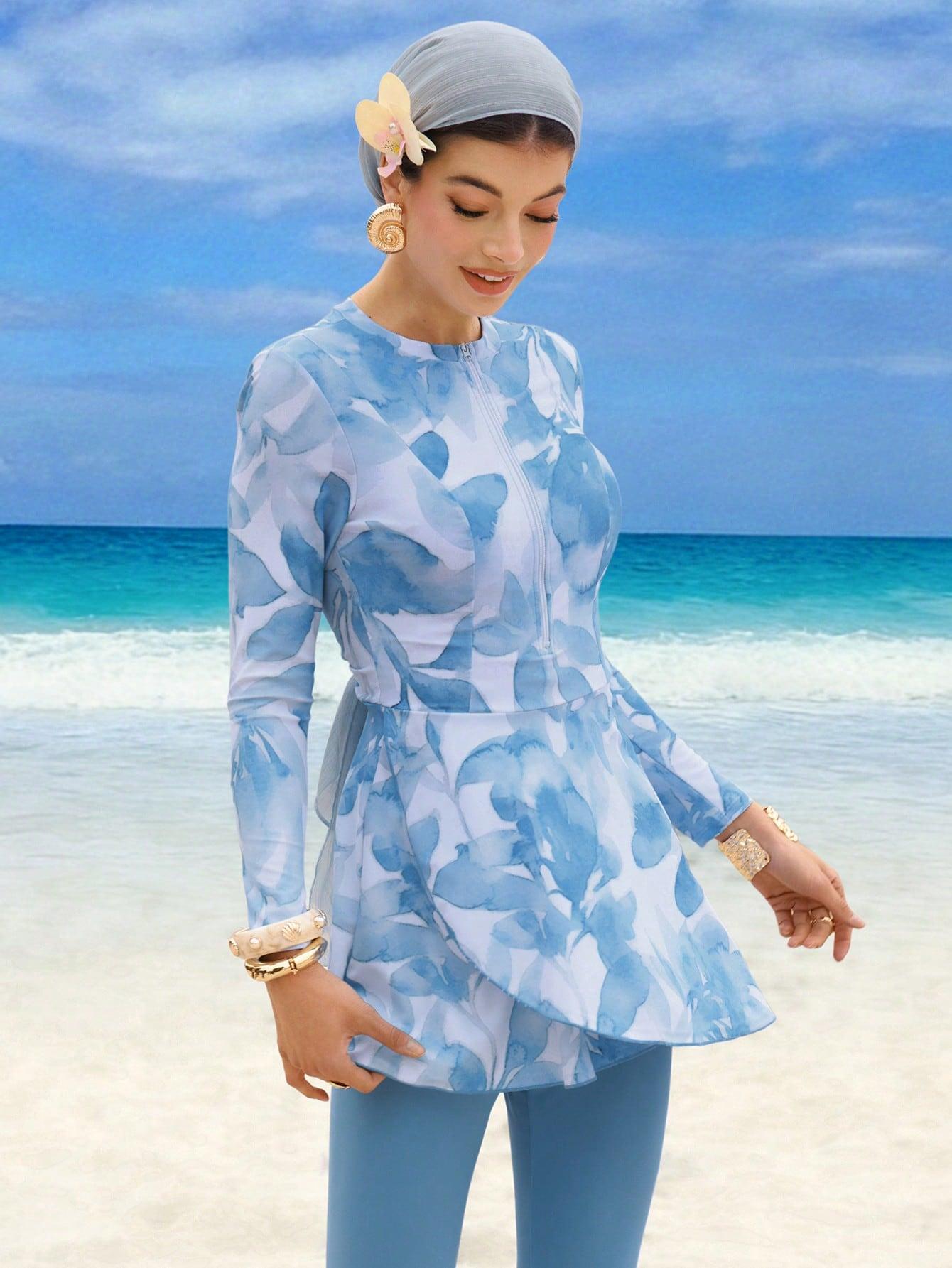 Women's Light Floral Print Bikini Set, Front Zipper Design, Long Sleeve and Pants, Beach Party Holiday, Mature Lady Swimsuit