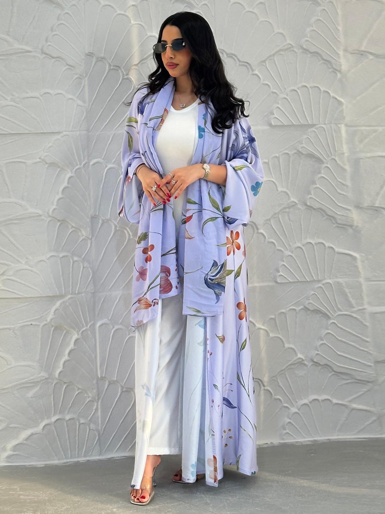 New Muslim Women's Loose Fit Open Front Robe, Printed Two-Piece Set with Headscarf, Casual Daily Wear, Comfortable and Stylish, Floral Abaya Set, Islamic Abaya, Muslim Clothing