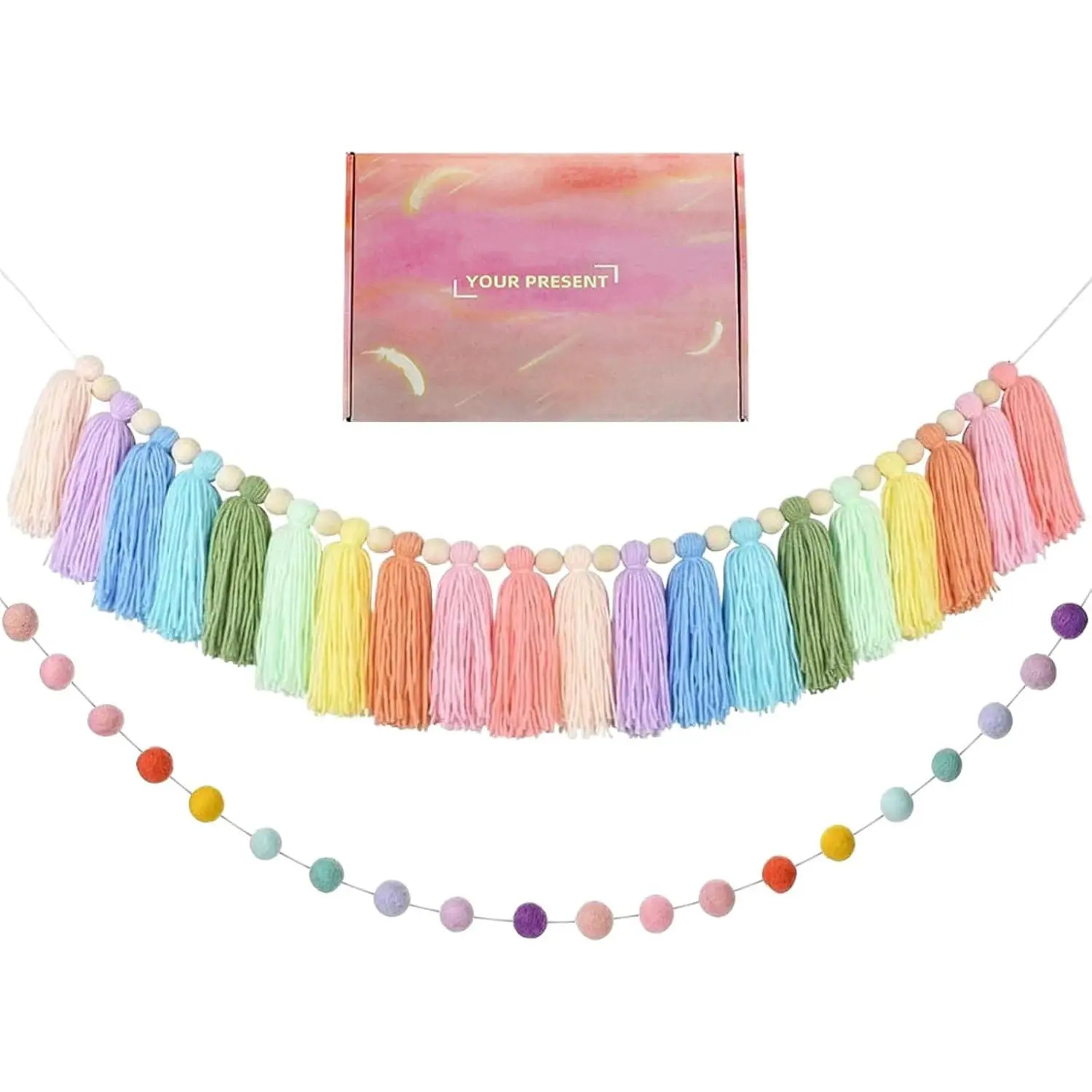 2 count Boho Tassel Garland,Pom Pom Tassel,6.5  Long 20 Balls Ball Garland,Colorful Wall  Party Decorative Banner Pastel, Decoration Wedding Birthday  Shower