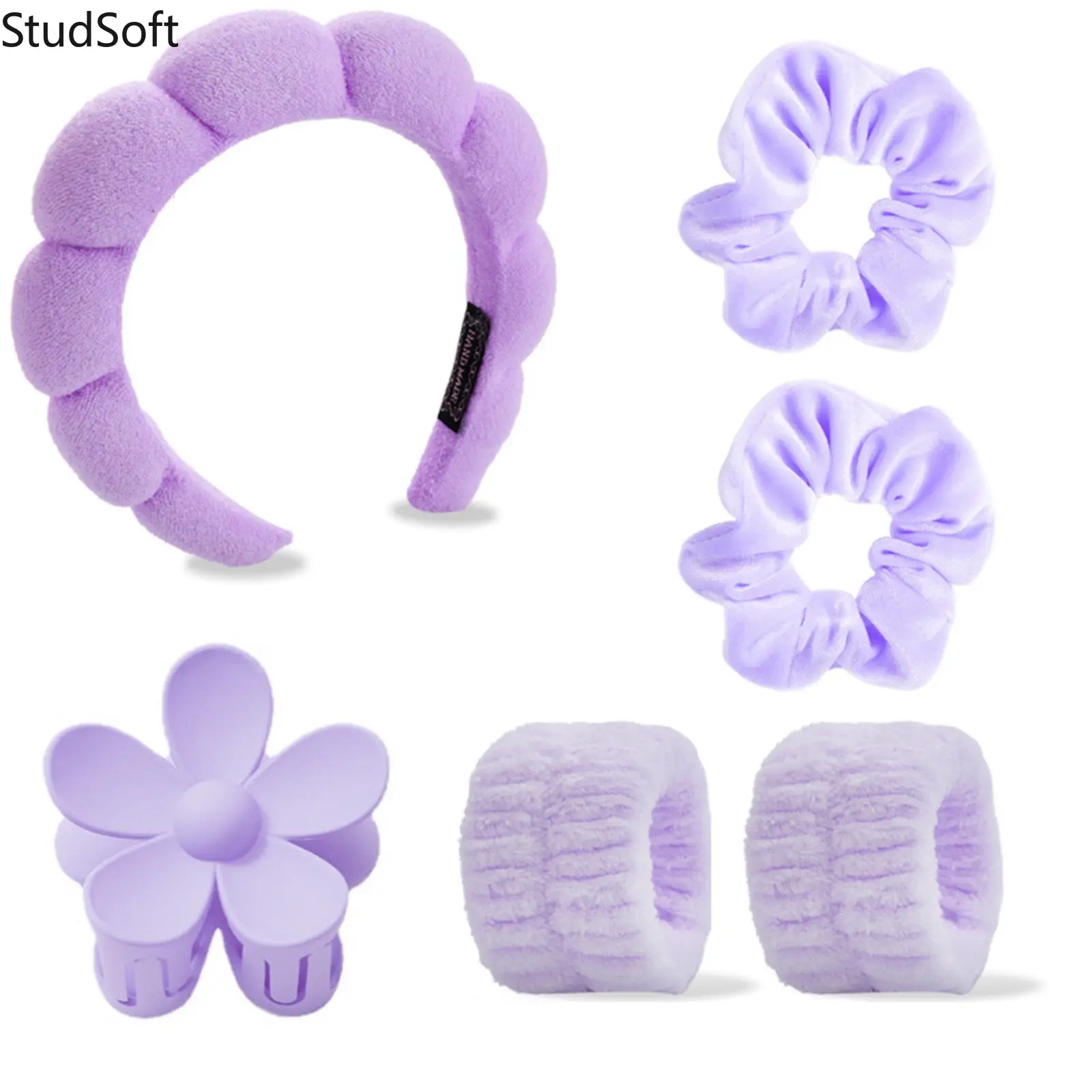 6Pcs Purple Spa Headband Wristband Set Flower Hair Claw Clips Velvet Scrunchies Aesthetic Skincare Wash Face Makeup Tools for Women Girls