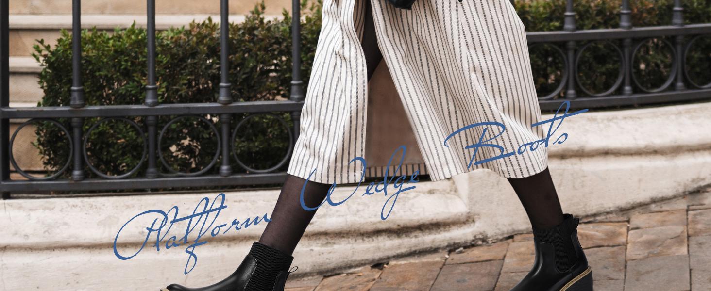 IDIFU Women's Trendy Platform Wedge Chelsea Booties, Stylish Comfort Elastic Boots, Thick-Soled Wedge Footwear, Fashion Soft Walking Shoes Girl