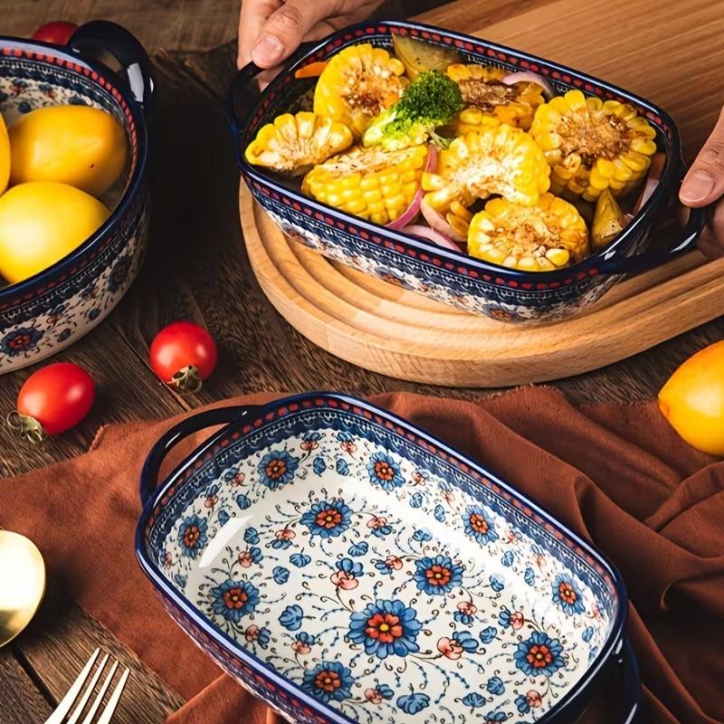730ML Floral Ceramic Baking Dish, Rectangular Serving Dish with Handles, Ideal for Rice, Salad & Cheese, Elegant Kitchen Essential