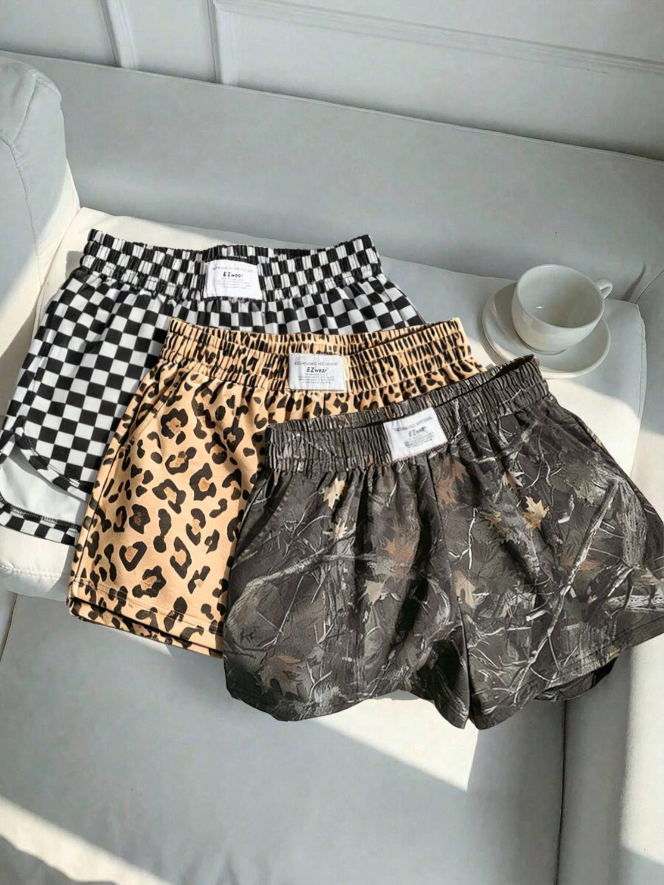Women's Summer Leopard and Plaid Print Athleisure Casual Shorts, Comfortable Loose-Fit Athletic Bottoms for Yoga and Daily Activities