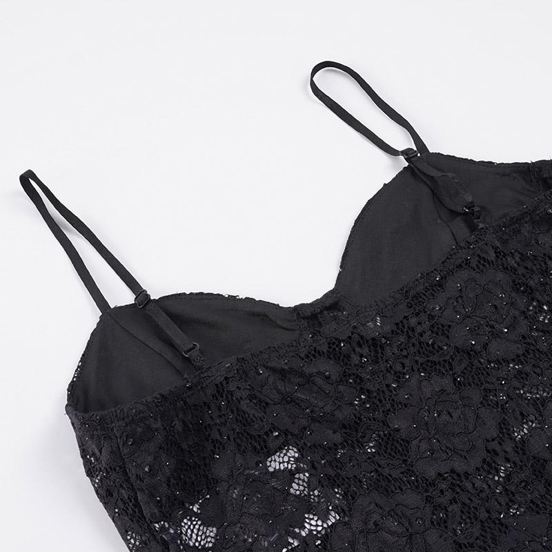 Sexy Series Chest Lace Hollow Splicing Satin Bottom Thin Strap Dress European and American Style Women's Tight Party Bag Short Outfits Music Festival Dressing