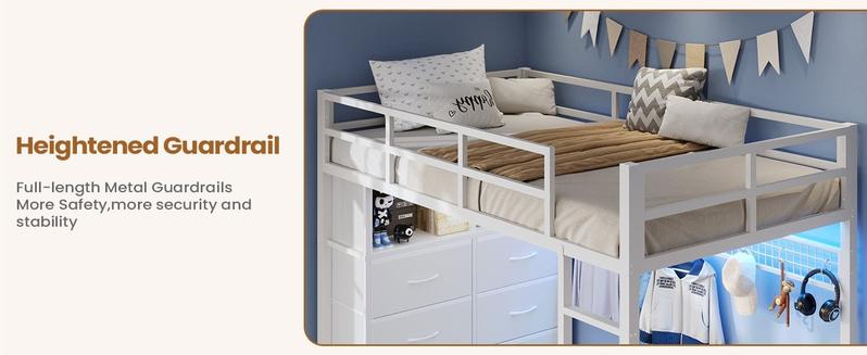 Sikaic Twin Size Loft Bed with Desk and 8 Storage Drawers Metal Loft Bed with LED Lights & Charging Sation, Storage Shelves, 13.1" H Safety Guard & Ladder Bedroom Bedframe Bedroom Furniture