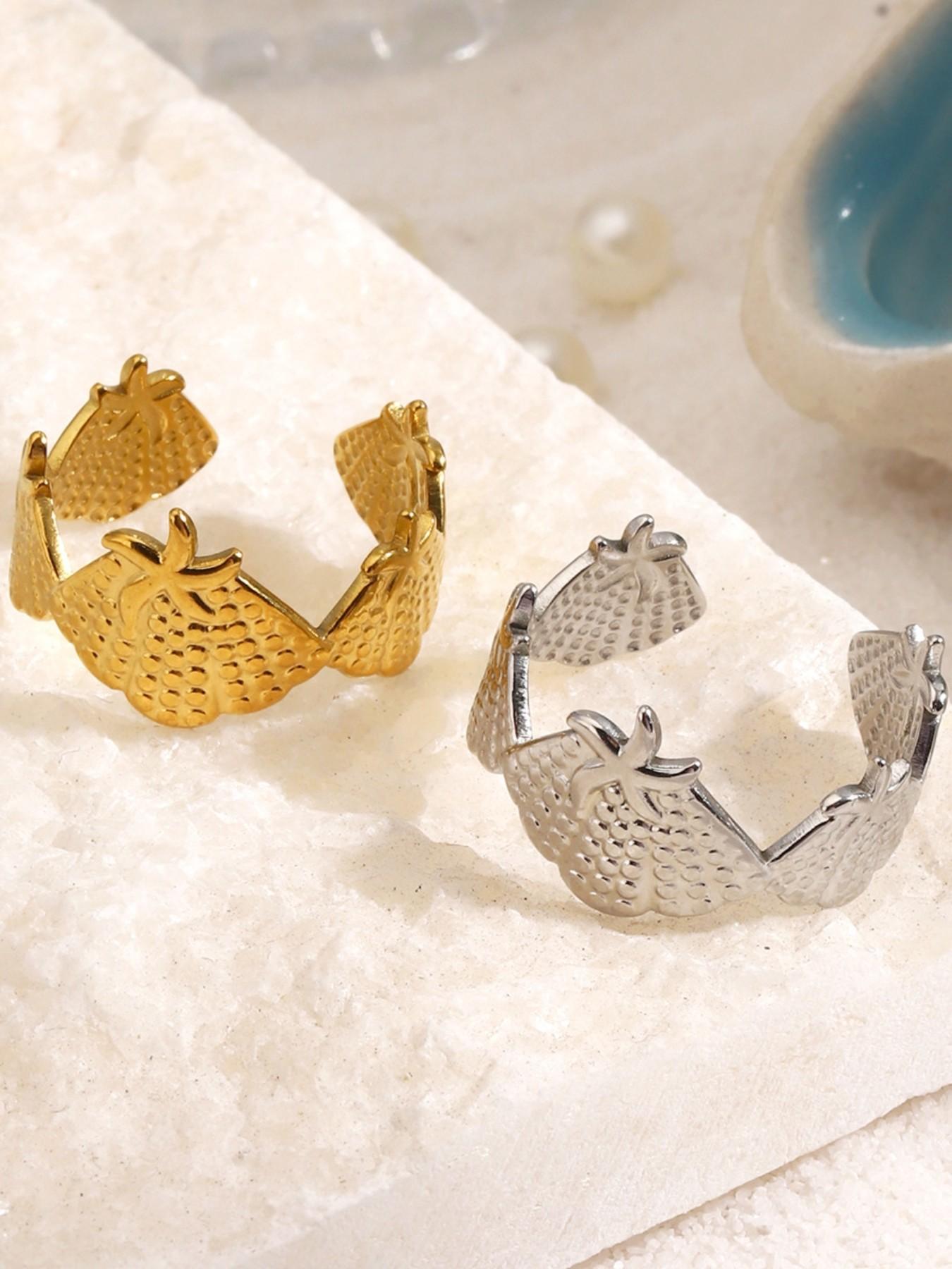 Tropical Starfish Shell Open Ring, Silver Color &, Waterproof Stainless Steel, Adjustable Size, Bohemian Beach Jewelry