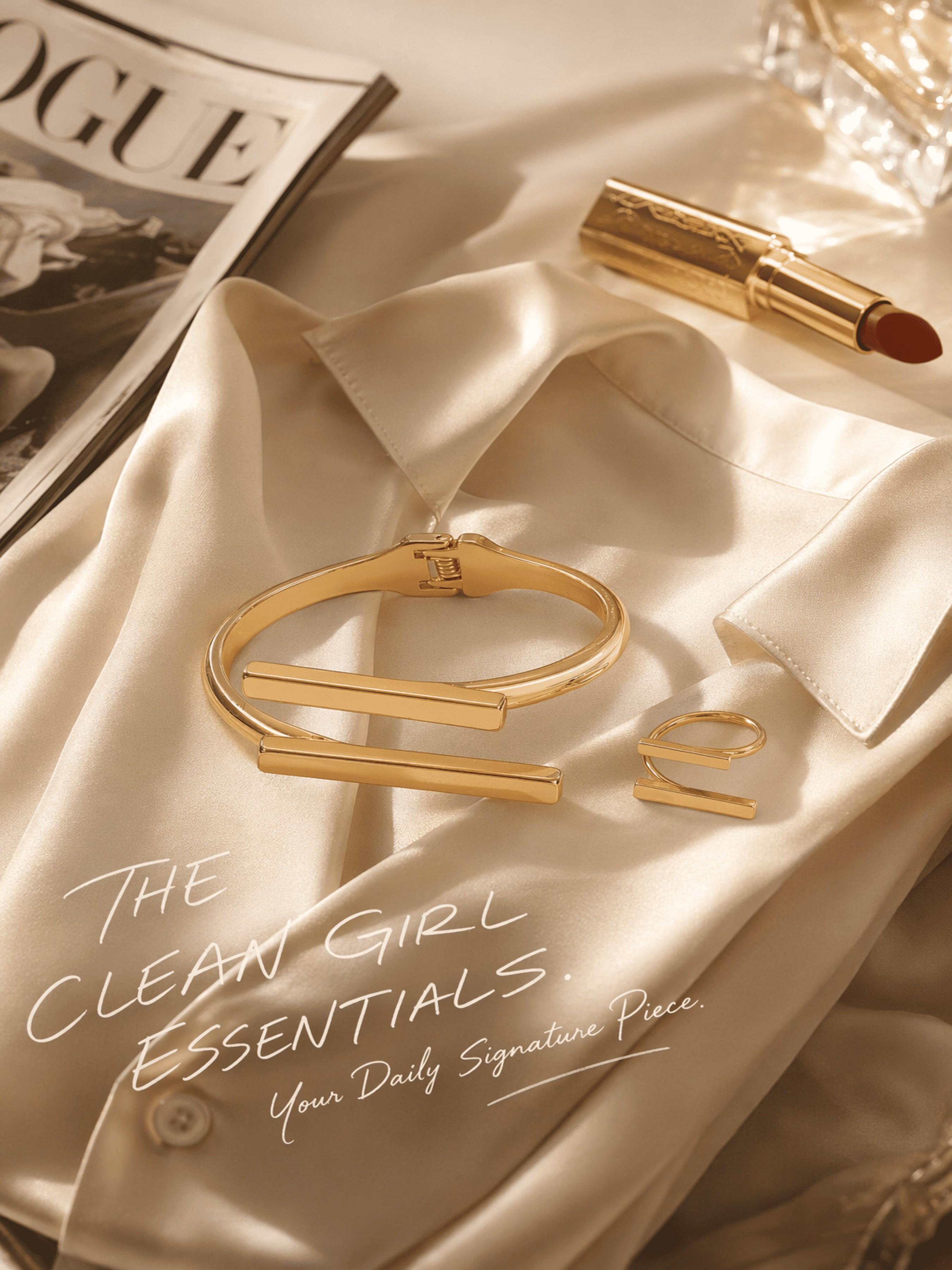 Minimalist Geometric Linear Gold-Plated Bracelet & Ring Set, Luxe Versatile Jewelry for Daily Commute & Date Nights