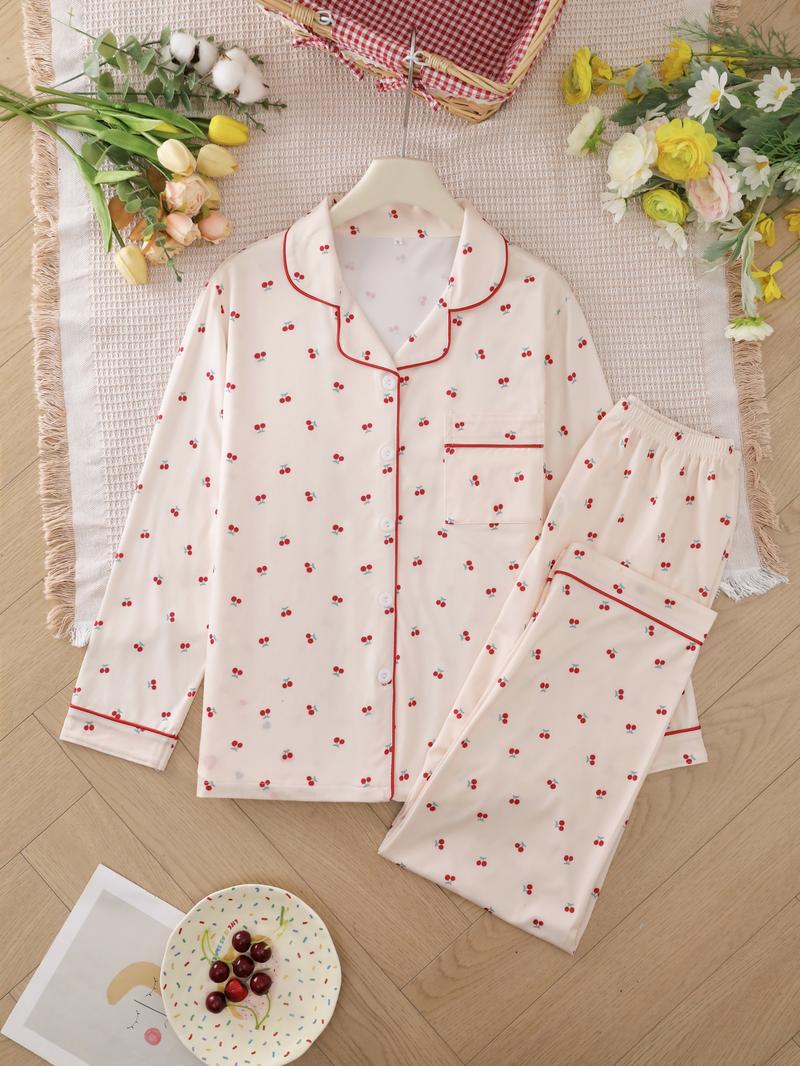 Two-piece Set Women's Heart/ Strawberry Print Pajama Set, Casual Comfy Long Sleeve Lapel Collar Top & Pants Pj Set, Ladies Sleepwear for Spring & Fall