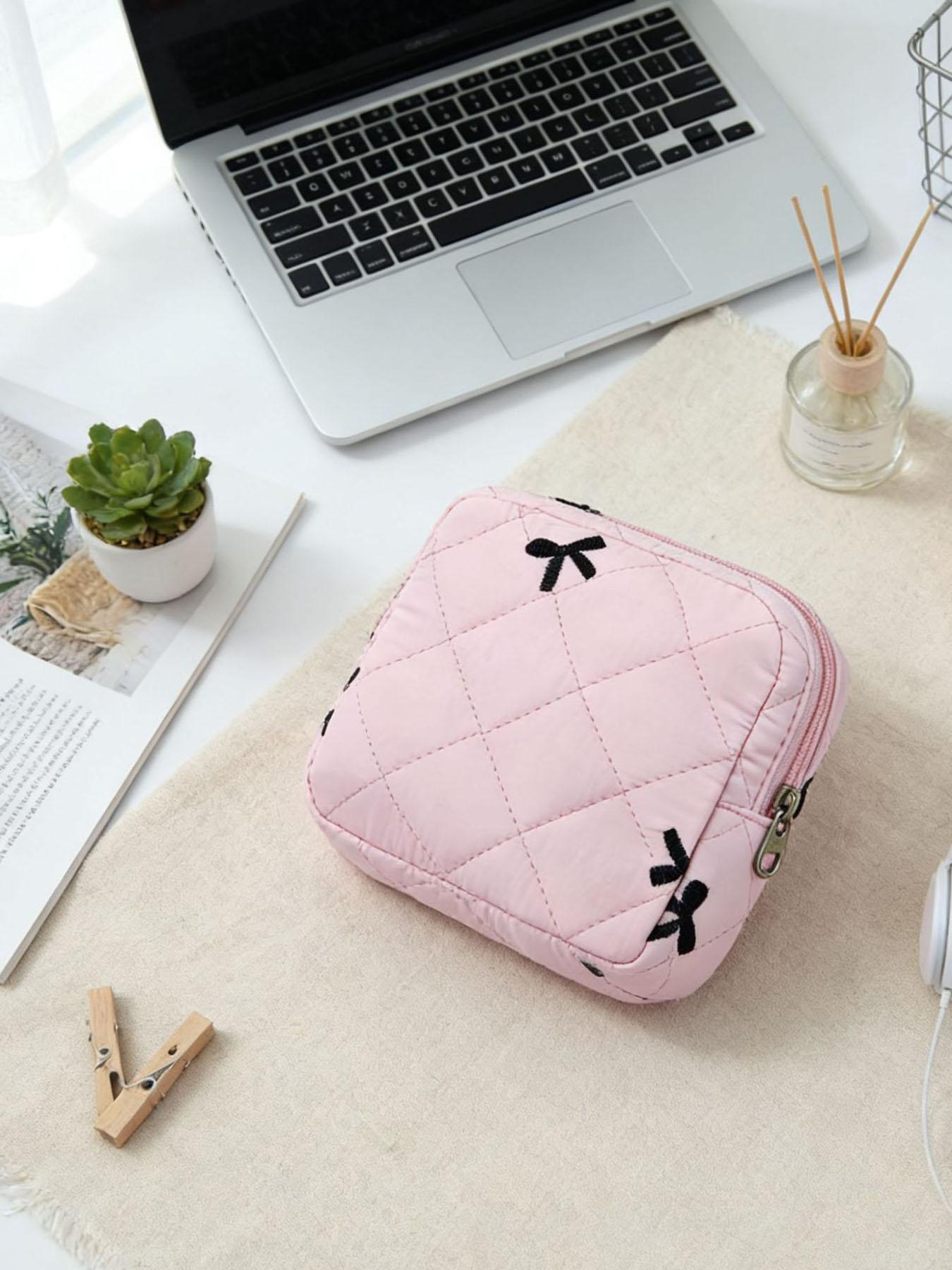 Bow Embroidery Quilted Makeup Bag, Small Portable Cosmetic Pouch for Women, ONLY 1 PC