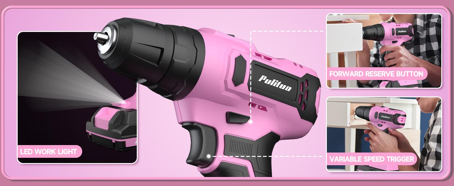 PULITUO 20V Cordless Pink Drill Tool Kit Set 238-Piece Power Drill Tool Box with Battery Electric Drill Driver for Lady's Repairing Kit Toolbox Tools Sets
