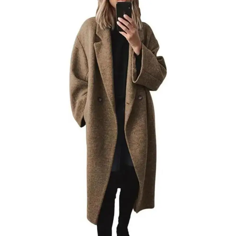 Women's Winter Double Breasted faux wool Coat Long Sleeve Notch Lapel Long Trench Coat Womenswear Check Can be used with a raincoat
